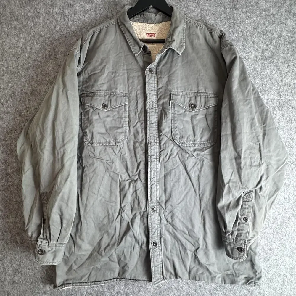 Levis Shirt Jacket Mens 2XL Gray Sherpa Lined Button Up Workwear Western Shacket